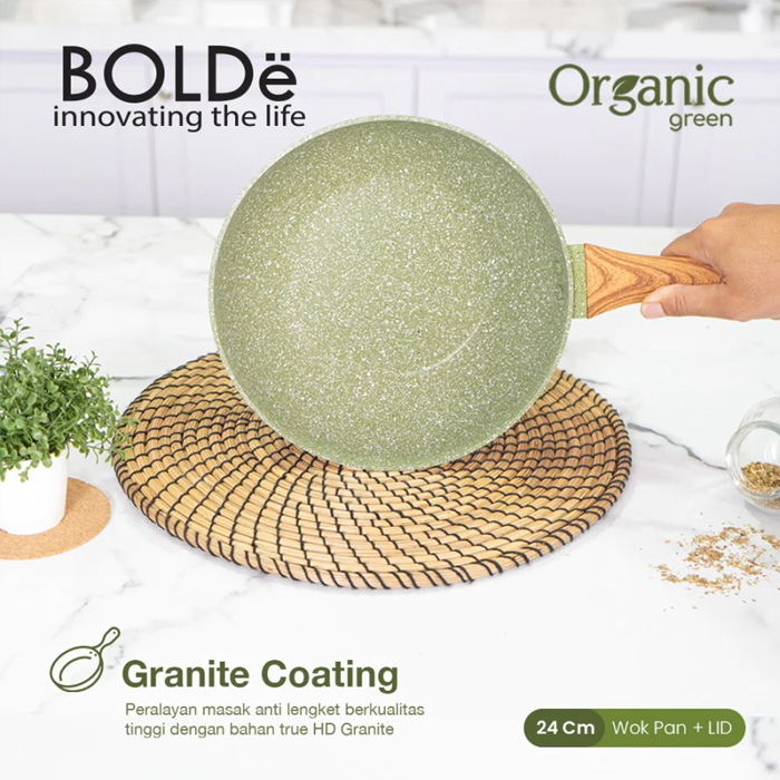 Bolde Organic Green Wok Pan 24 cm + Glass Lid